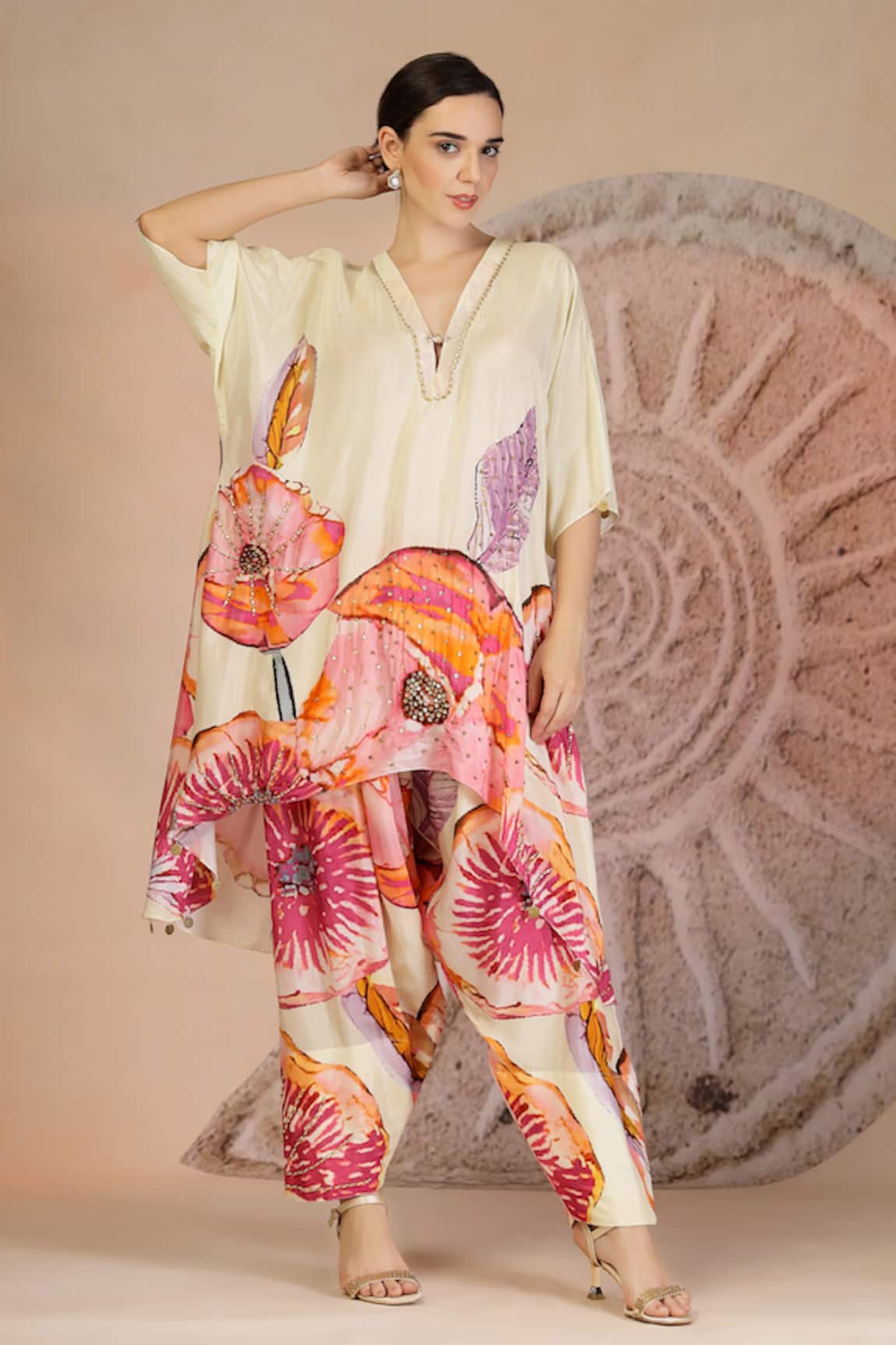 Soniya G Ivory Floral Print Kurta & Farshi Salwar Set 