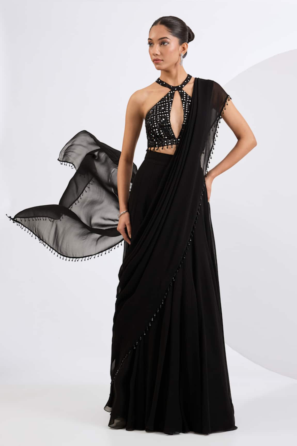Neha Khullar Black Embroidered Lehenga Set With Drape 