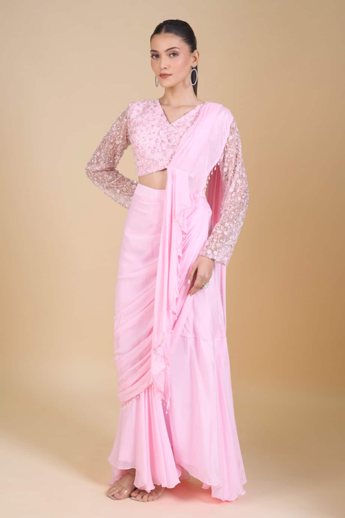 Samyukta Singhania Pink Embroidered Blouse & Pre-Draped Saree 