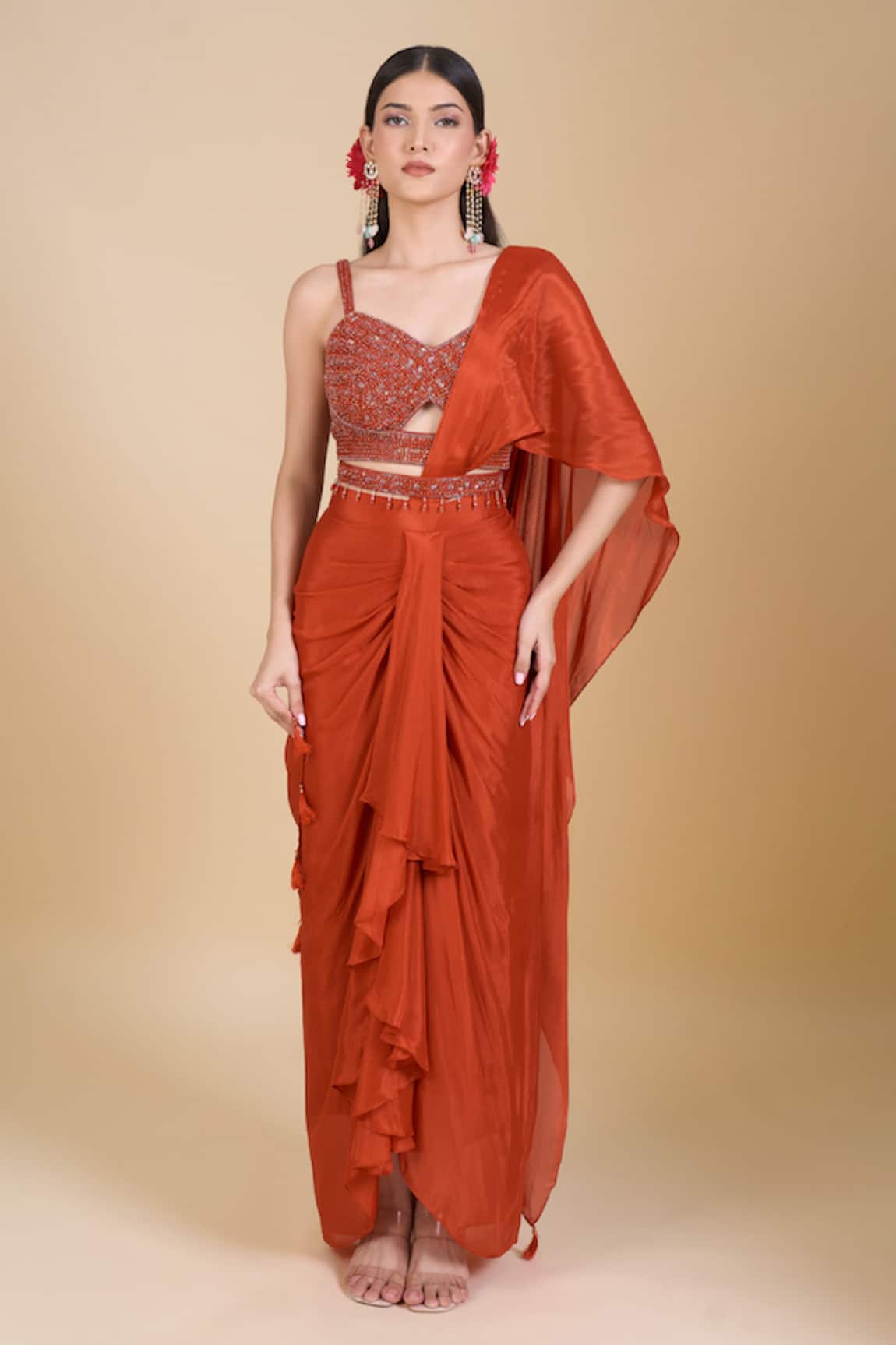 Samyukta Singhania Orange Hand Embroidered Blouse & Saree Set 