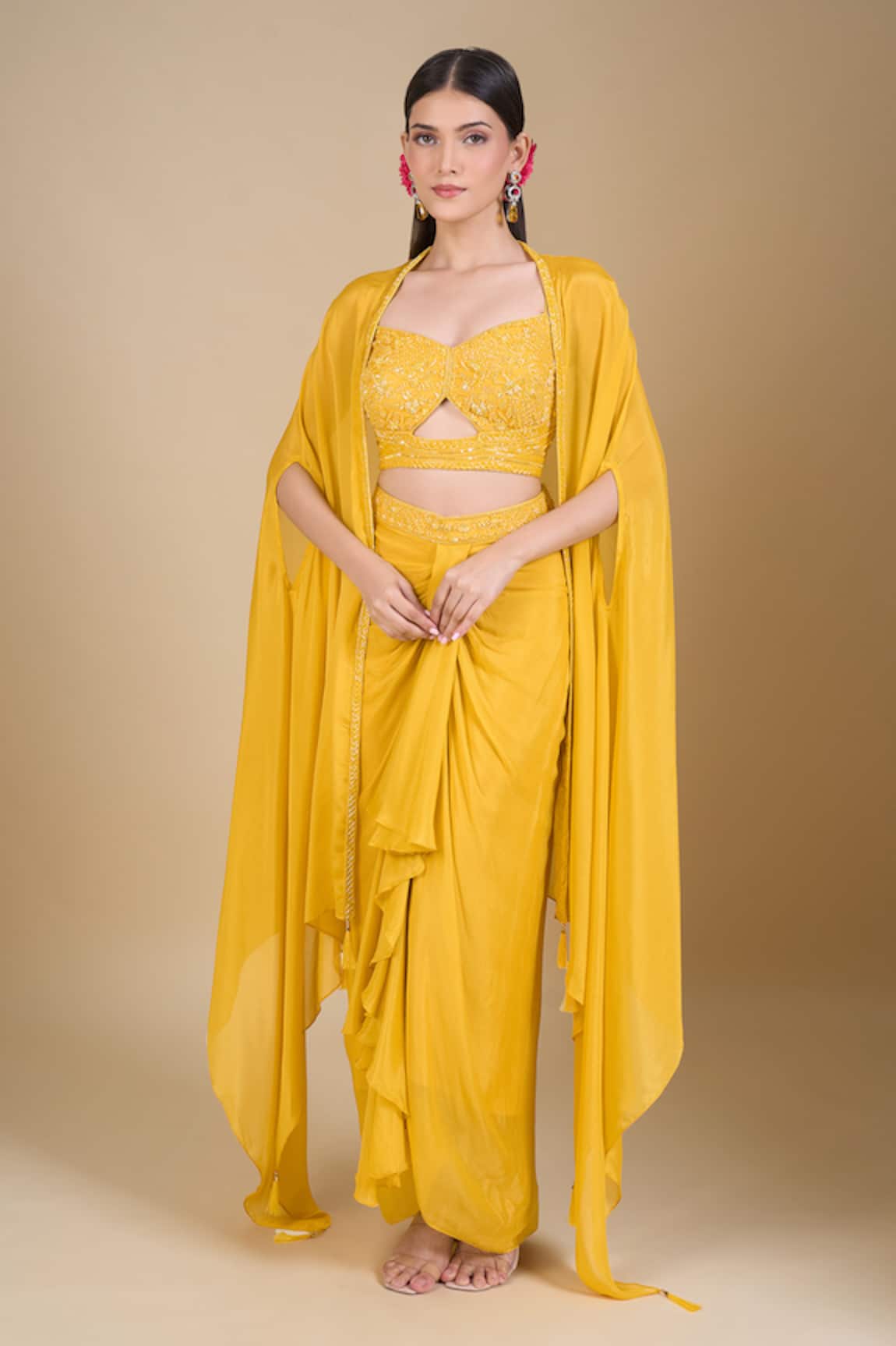 Samyukta Singhania Yellow Hand Embroidered Crop Top Set 