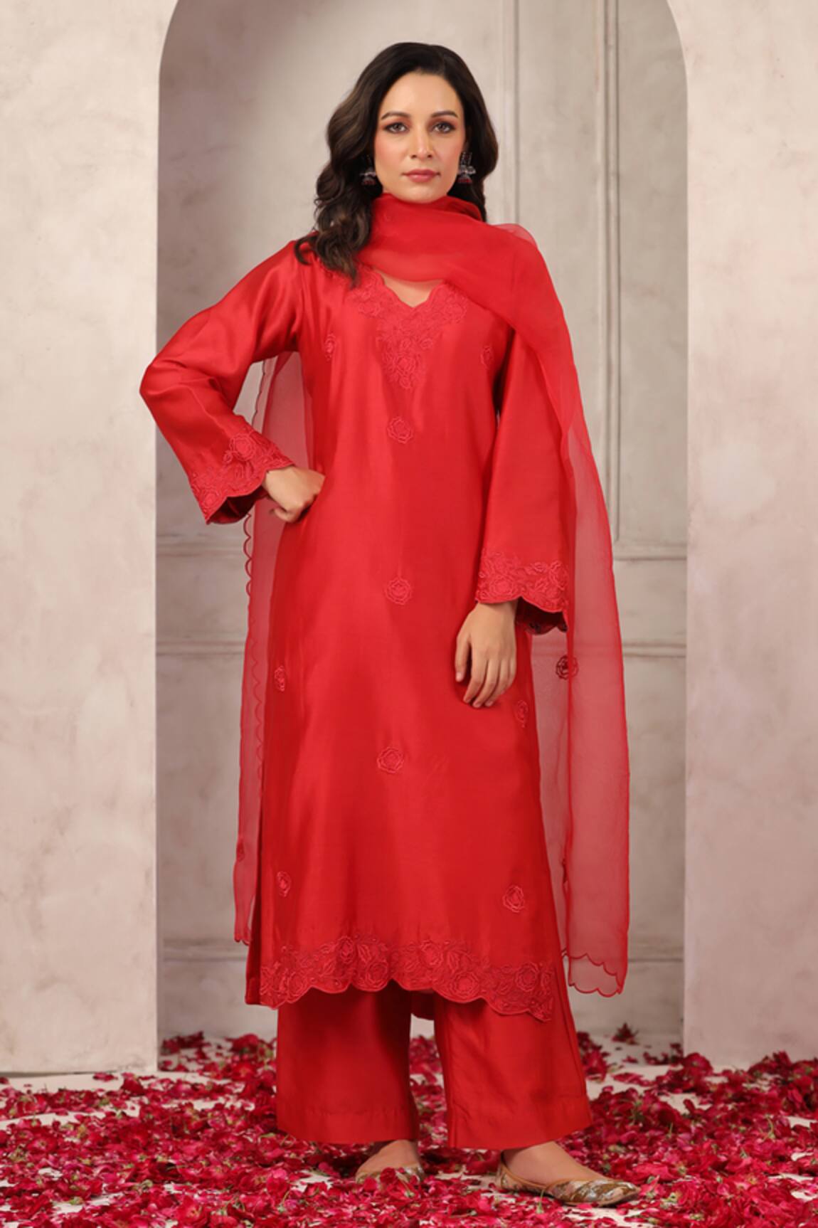 Anshu Wadhwa Red Chanderi Kurta Pant Set 
