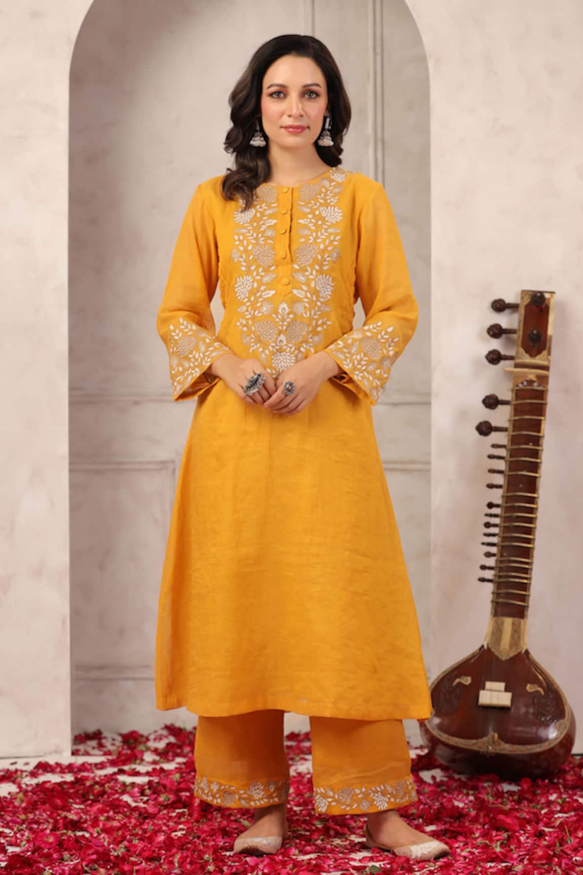 Anshu Wadhwa Yellow Embroidered Kurta Pant Set 