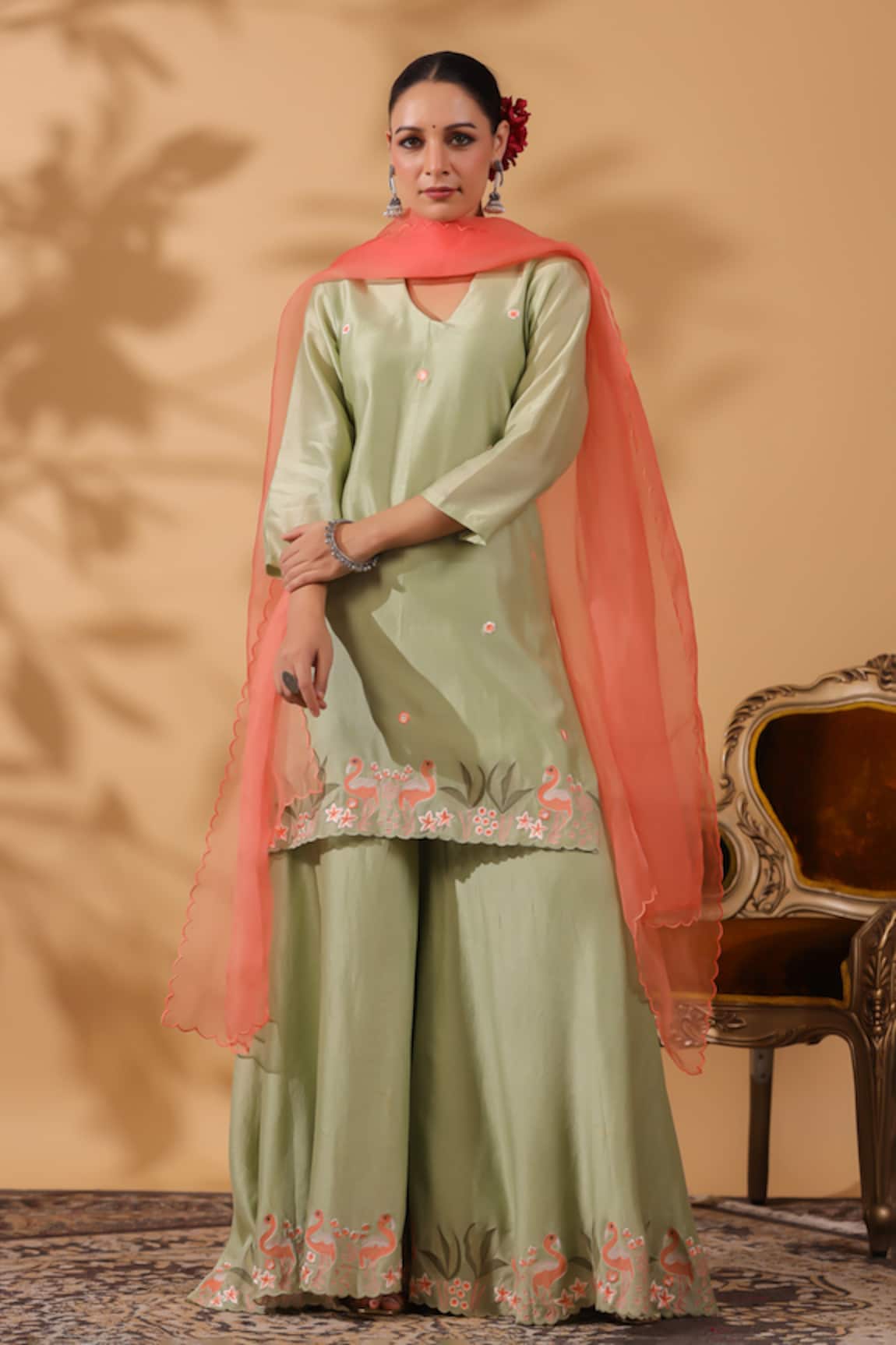 Anshu Wadhwa Chanderi Embroidered Kurta Pant Set 