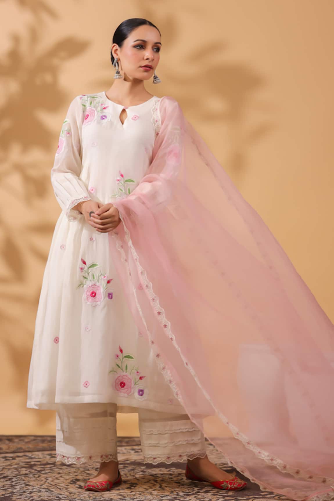 Anshu Wadhwa Pink & Ivory Chanderi Embroidered Kurta Set 