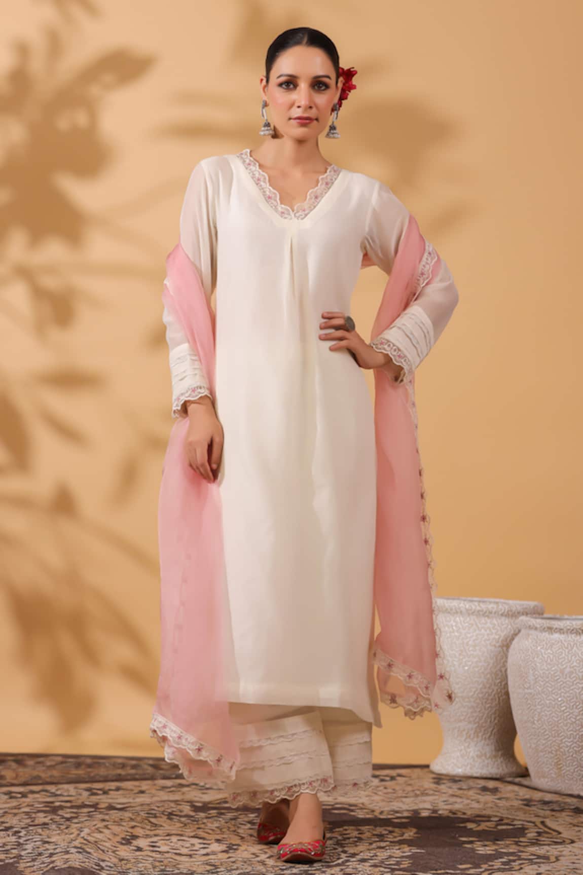 Anshu Wadhwa Chanderi Pink & Ivory Kurta Set 
