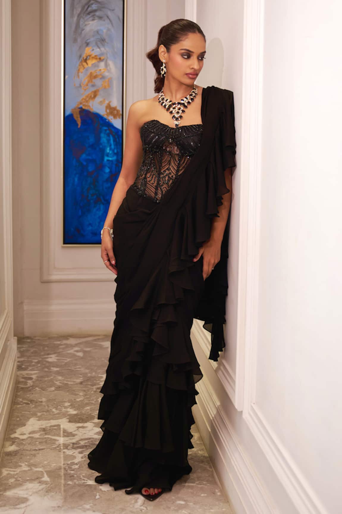 Rashika Sharma Black Ruffle Saree Set With Corset 