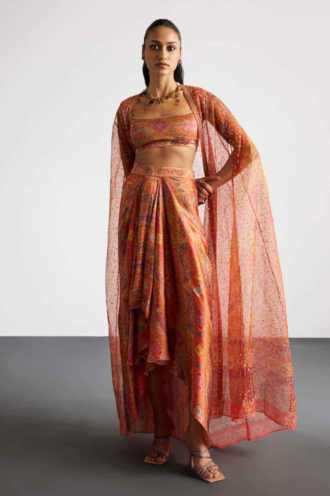 RI.Ritu Kumar Coral Multi Print Cape Bustier Skirt Set 