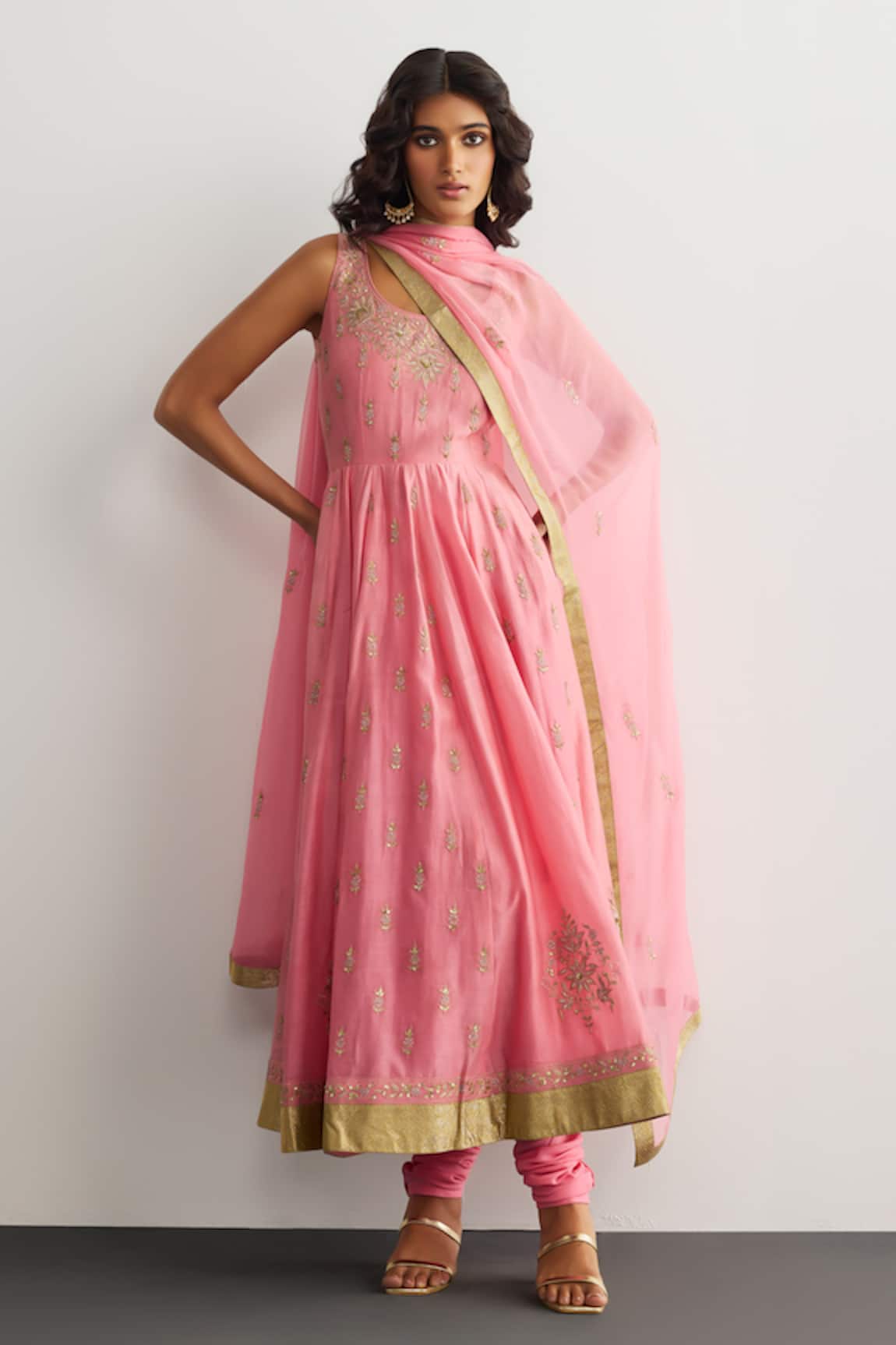 RI.Ritu Kumar Bubblegum Pink Embroidered Anarkali Set 