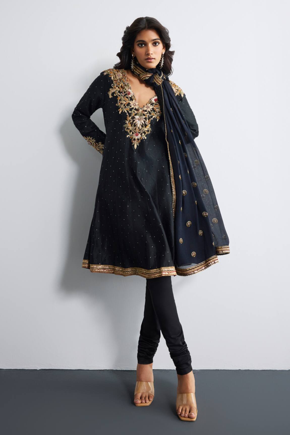 RI.Ritu Kumar Designer Black Silk Chanderi Kurta Set 
