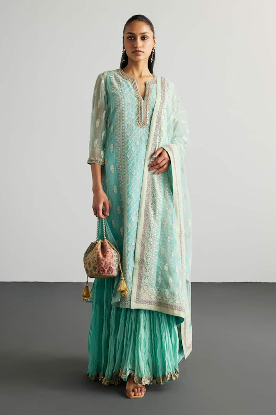 RI.Ritu Kumar Aqua Blue Lucknowi Kurta Set 