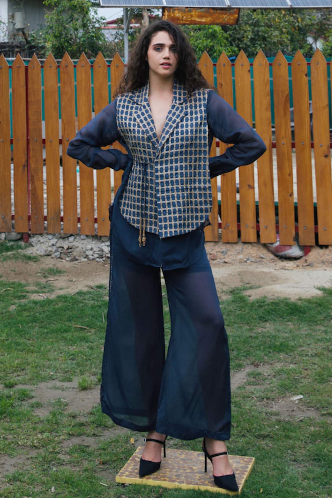 She'll Metallic Blue Vest Shirt & Pant Set 