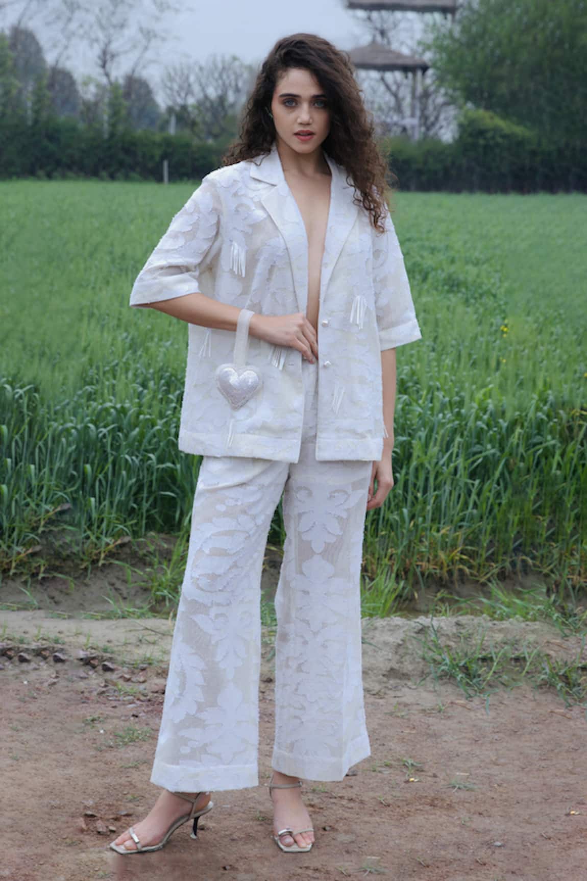 She'll Ivory Self Jacquard Shirt & Pant Set 