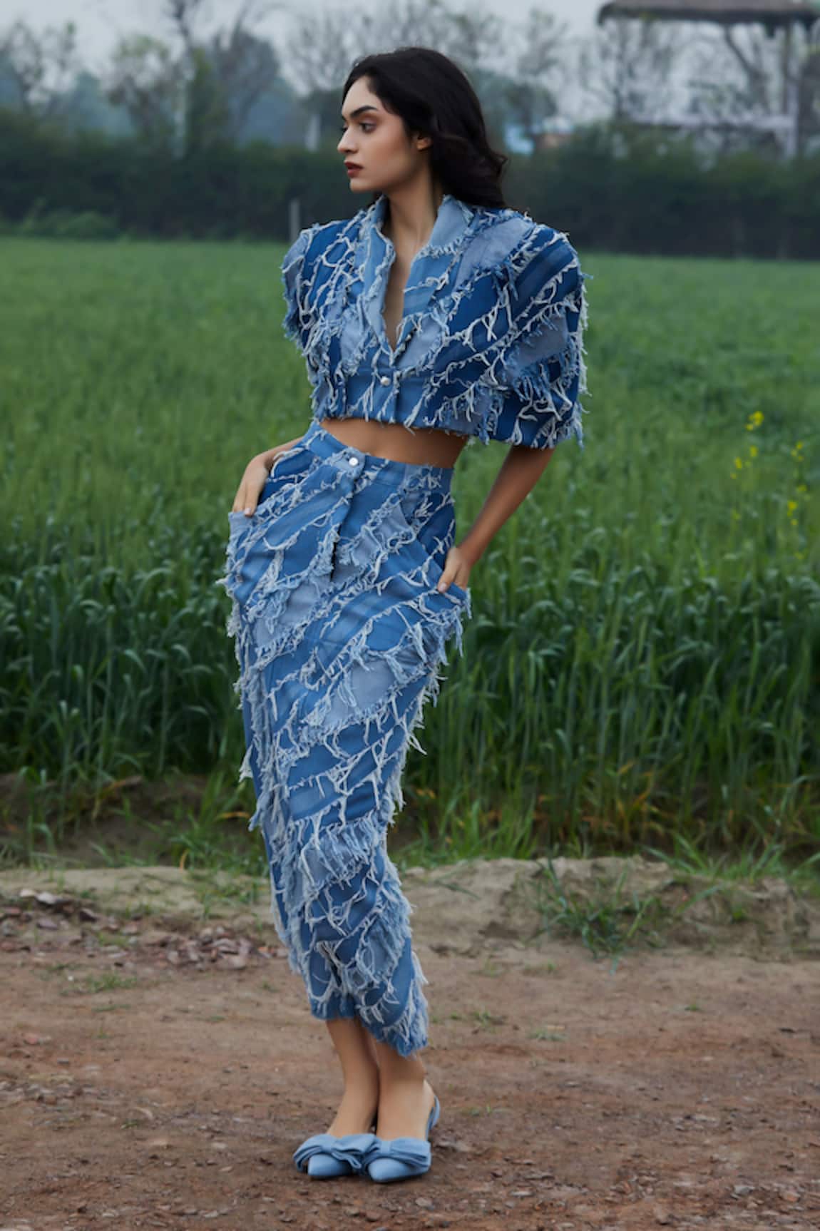 She'll Light Blue Fringed Denim Jacket & Skirt Set 