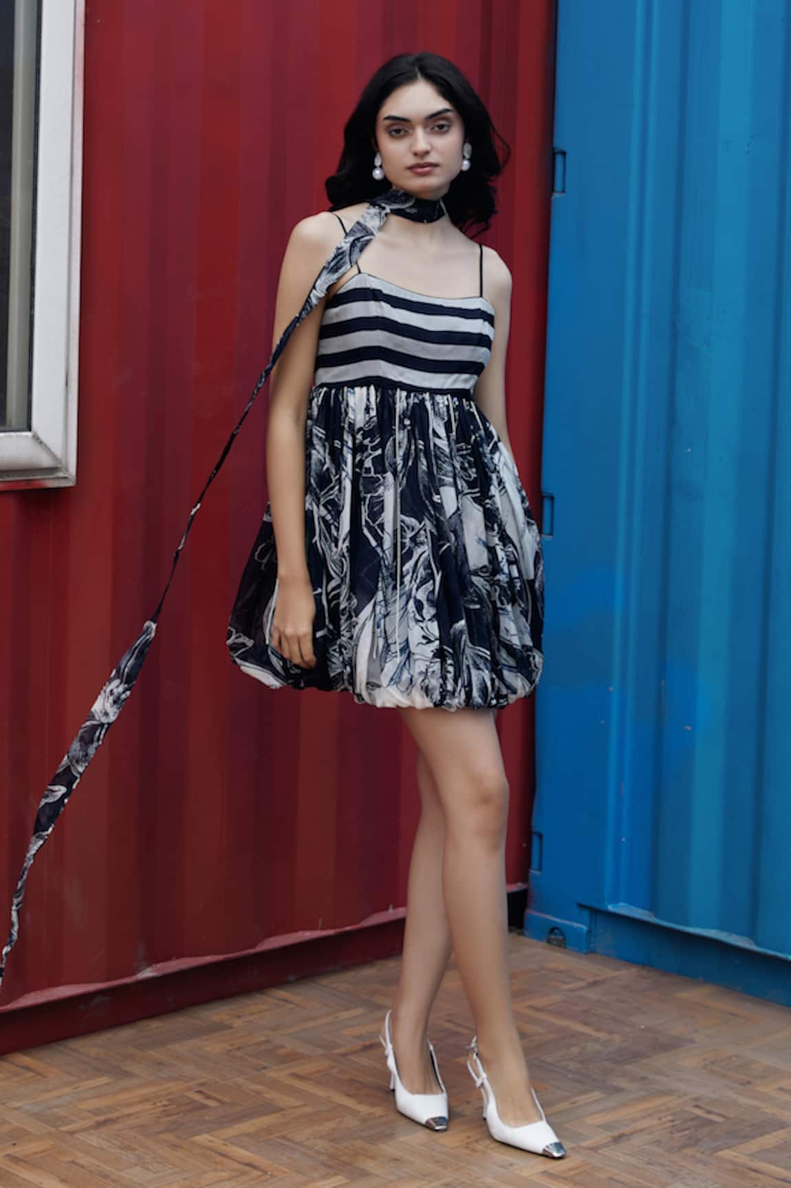 She'll Blue-White Cotton Gauze Stripe Dress 