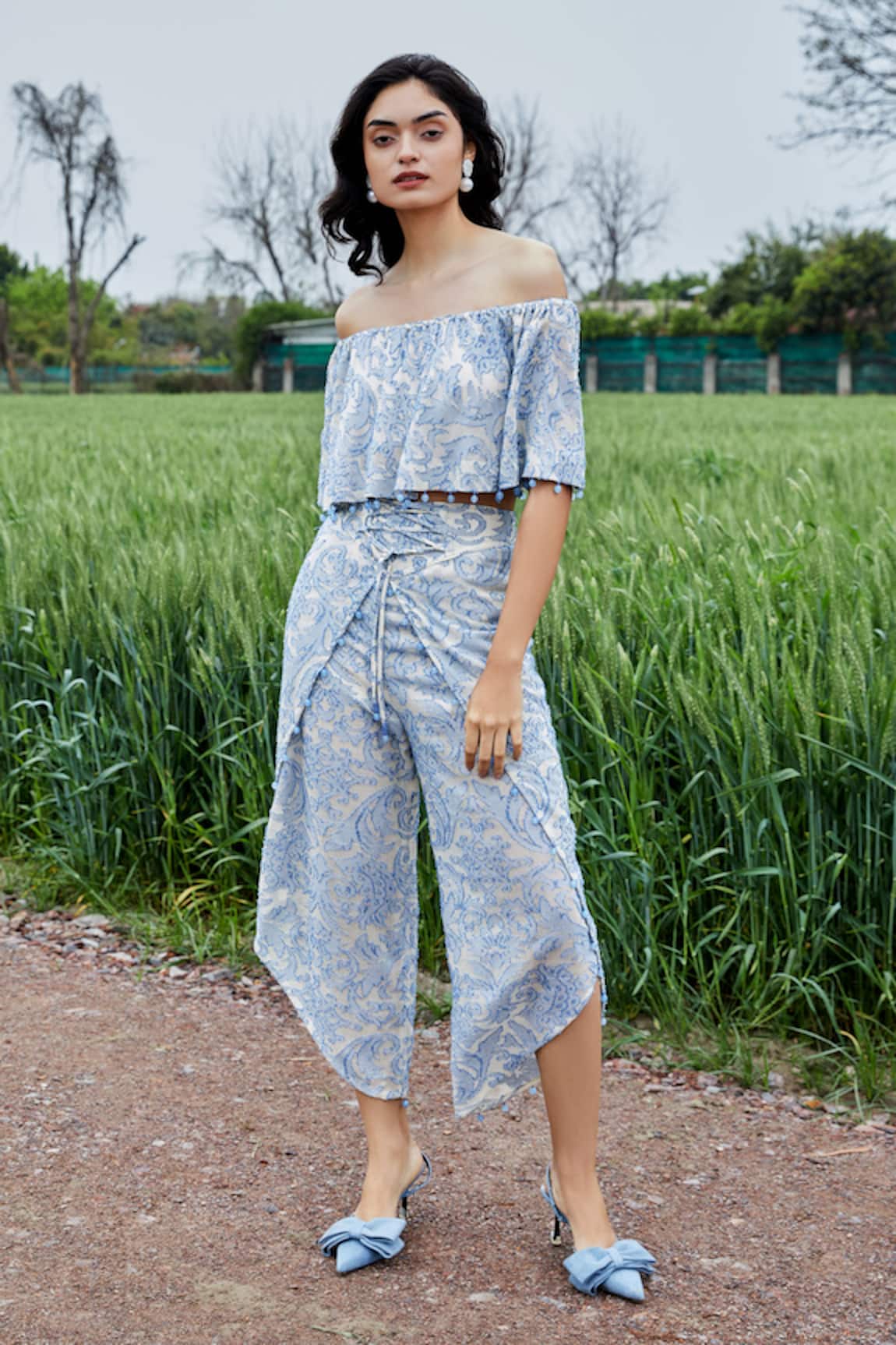 She'll Misty Blue Self Sheer Jacquard Set 