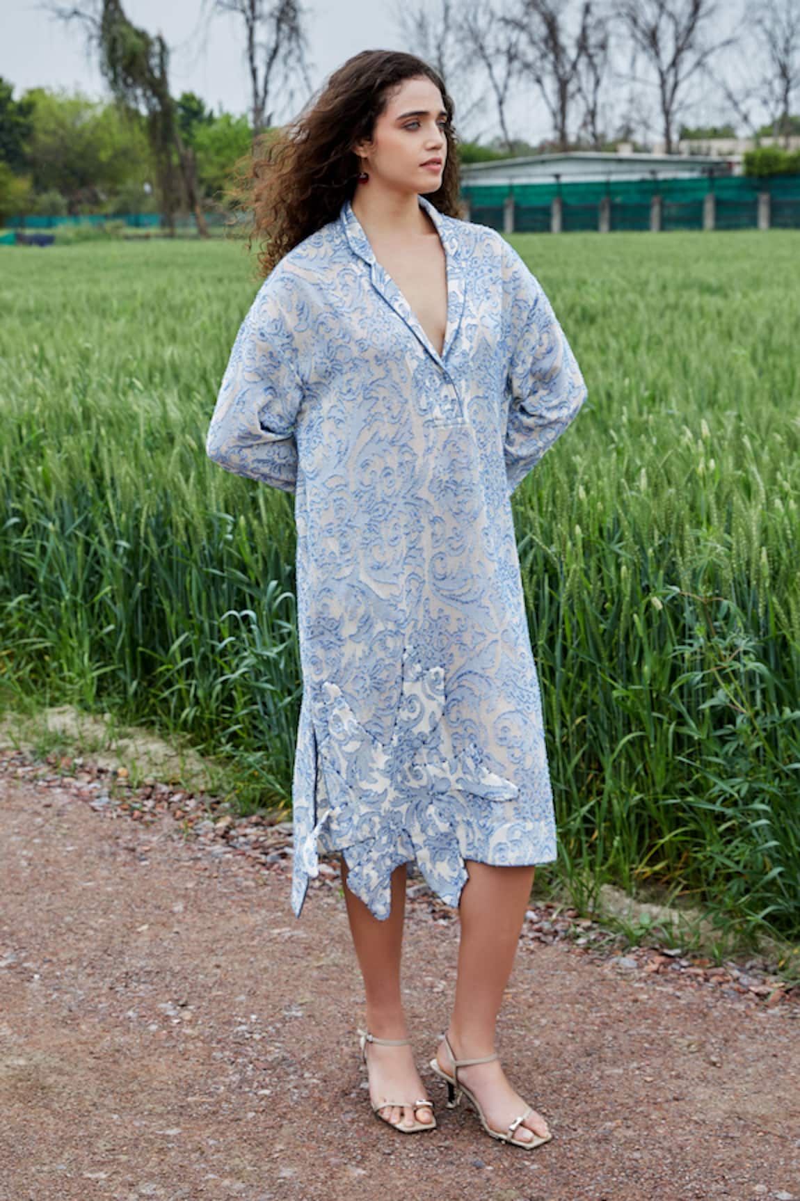 She'll Misty Blue Self Sheer Jacquard Dress 