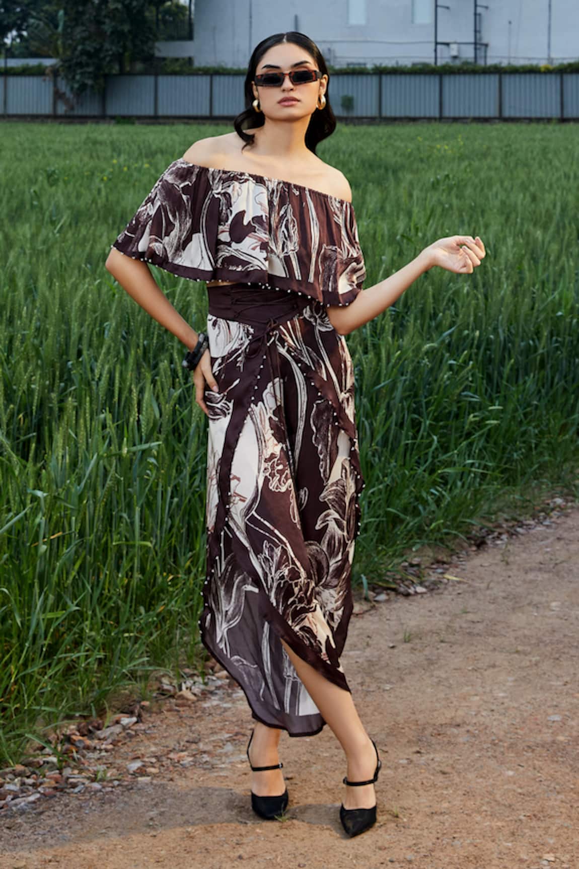 She'll Brown Floral Print Top & Pants Set 