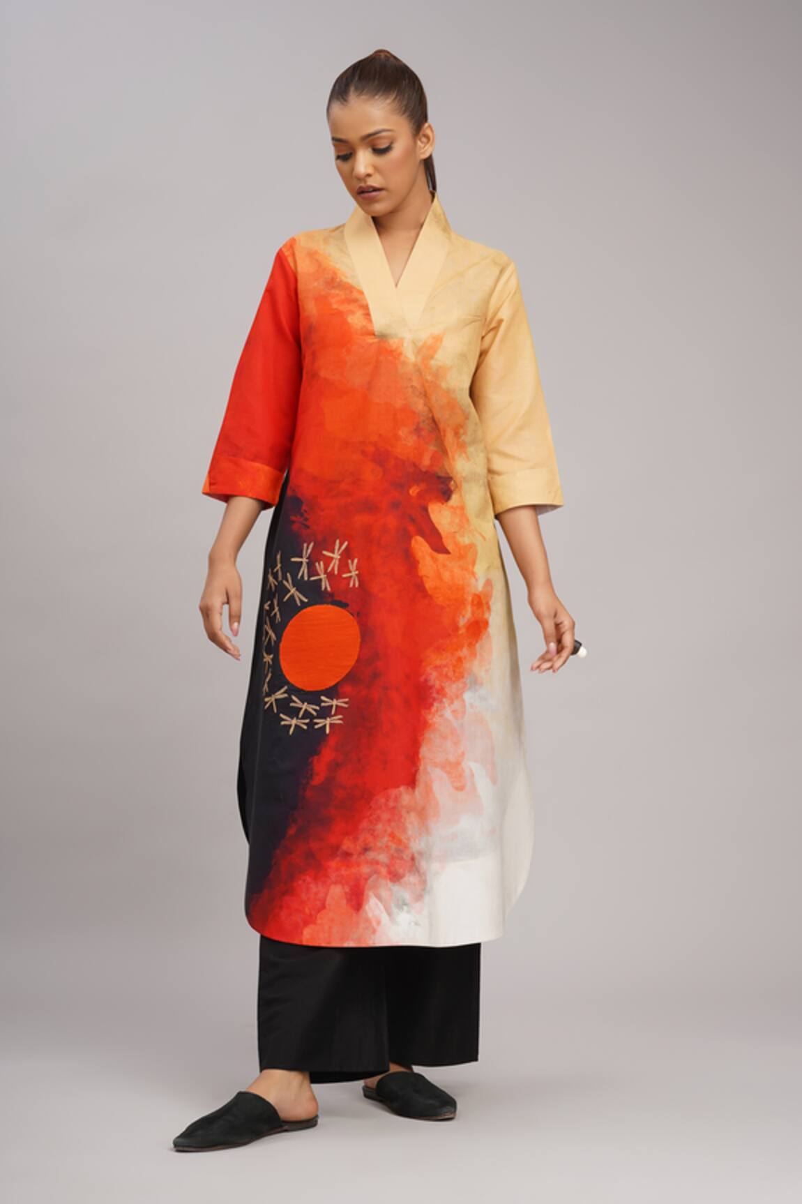 Taika By Poonam Bhagat Fire Abstract Art Linen Tunic 
