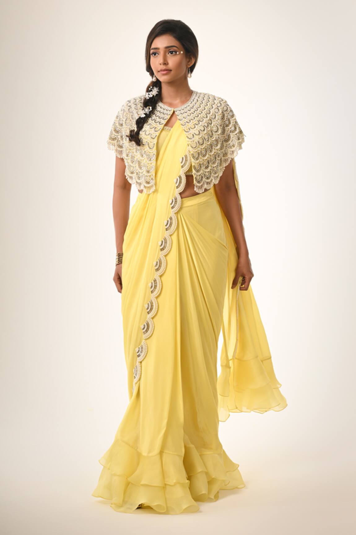 Couture By Niharika Yellow Organza & Satin Georgette Saree Set 