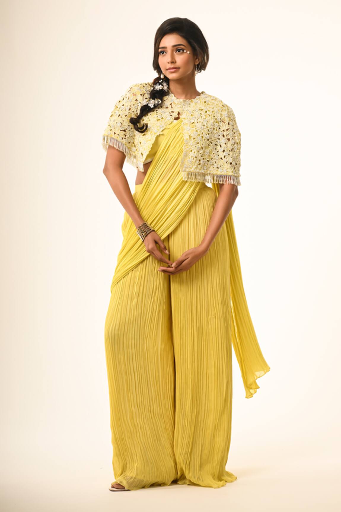 Couture By Niharika Yellow Organza & Georgette Draped Saree Set 