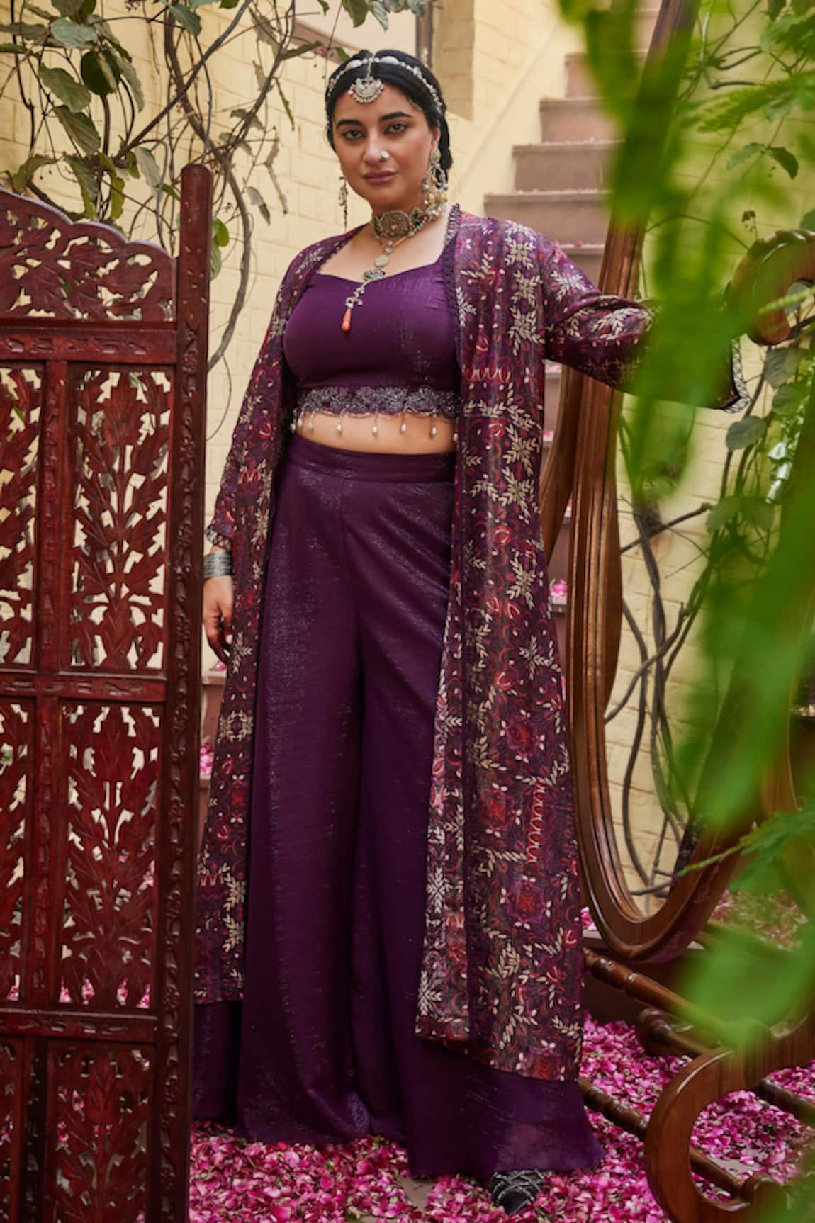 Mamicha Wine Printed Cape Set 