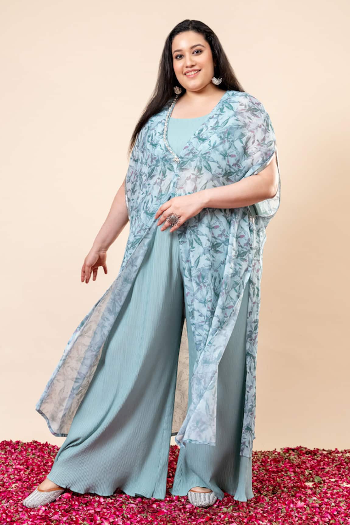 Mamicha Cyan-Green Sparkle Chiffon Overlay Set 