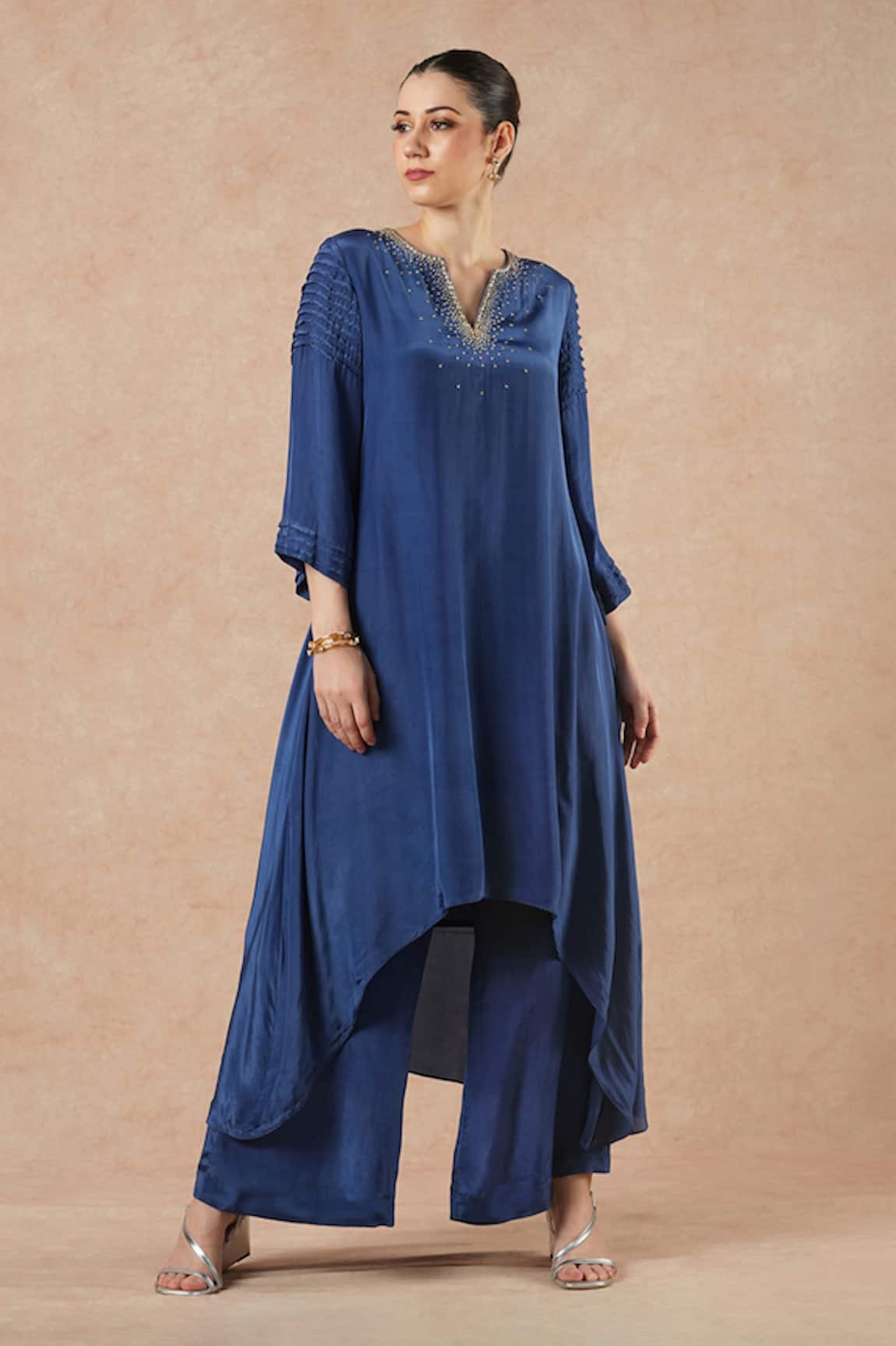 Dori & CO. Sapphire Blue Silk Crepe Kurta & Pants Set 