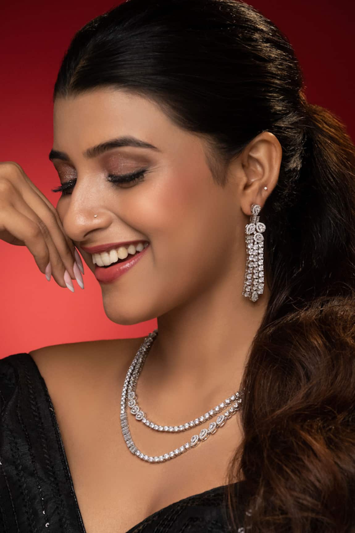 Prihan Luxury Jewelry Rhodium Plated White Necklace & Earrings Set 