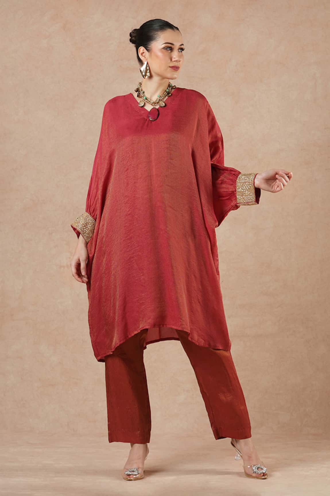 Dori & CO. Ruby Red Metal Hand Embroidered Kurta Set 