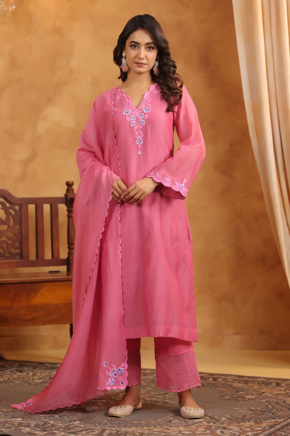 Anshu Wadhwa Peachish Pink Chanderi Kurta Set 
