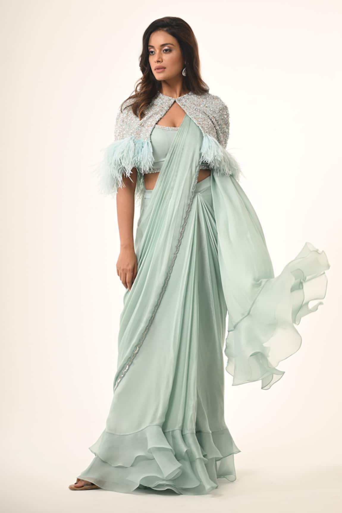 Couture By Niharika Powder Blue Pre-Draped Saree Set 