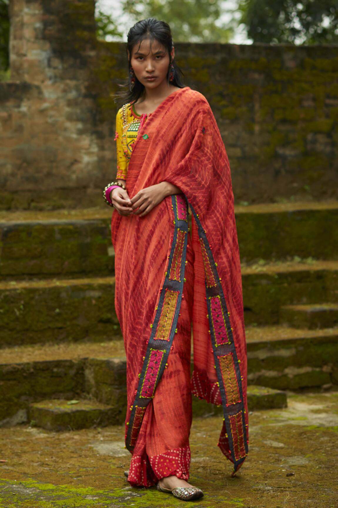 Medha Orange Textured Chiffon Saree Set 