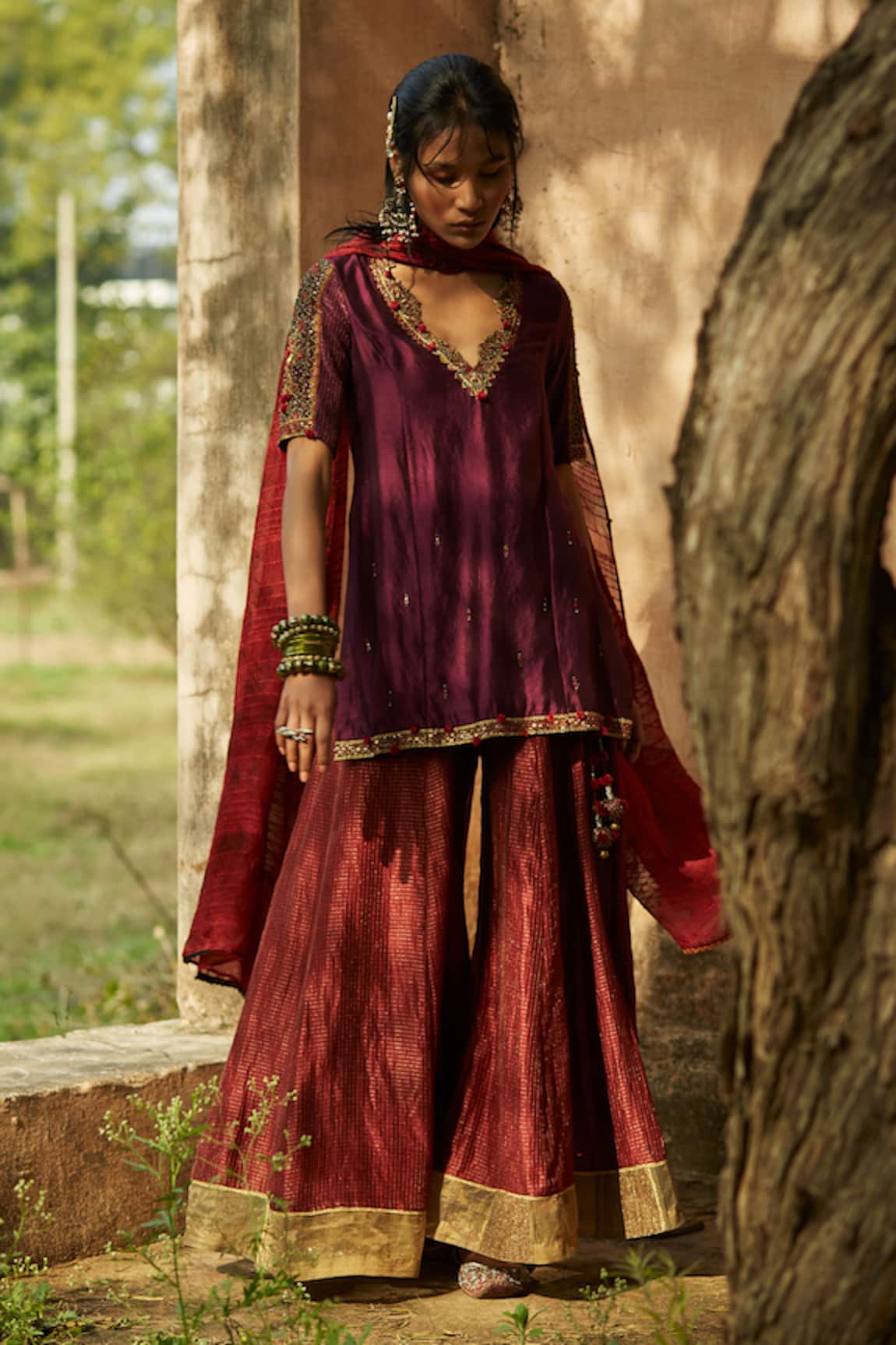 Medha Purple & Red Handwoven Tunic Set 