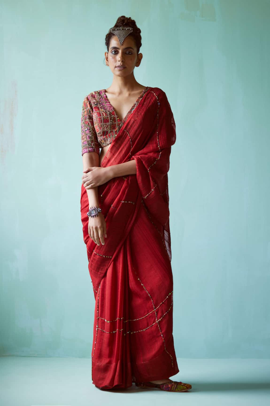 Medha Red Textured Chiffon Saree Set 