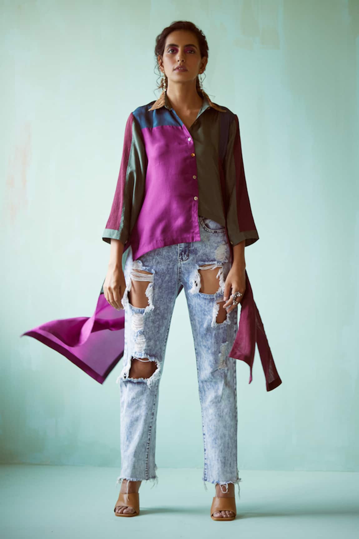 Medha Teal & Maroon Habutai Silk Shirt 