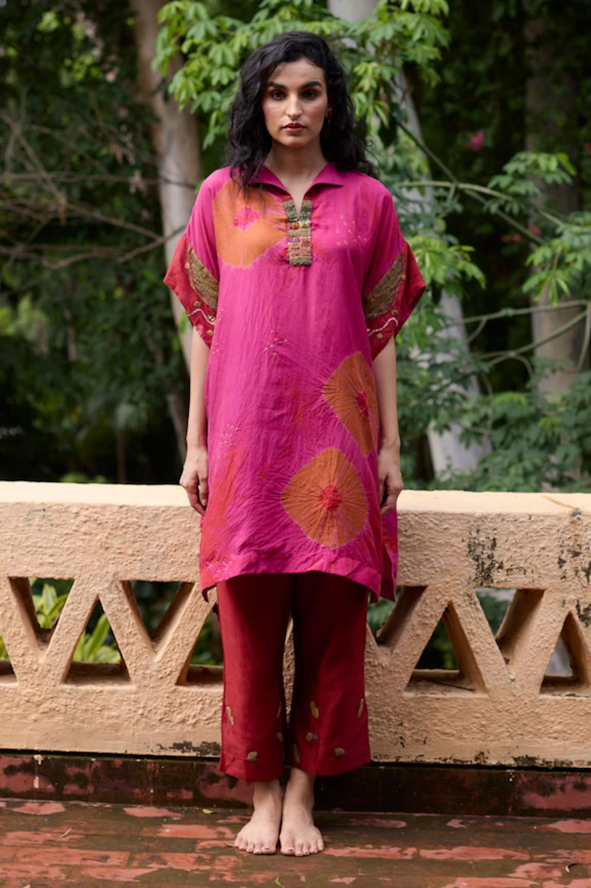 Medha Pink & Red Handcrafted Silk Tunic Set 
