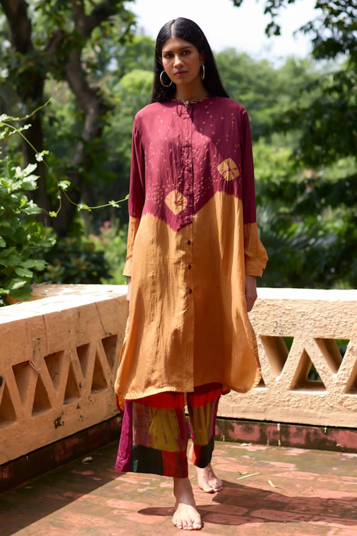Medha Mustard & Maroon Silk Tunic Pant Set 
