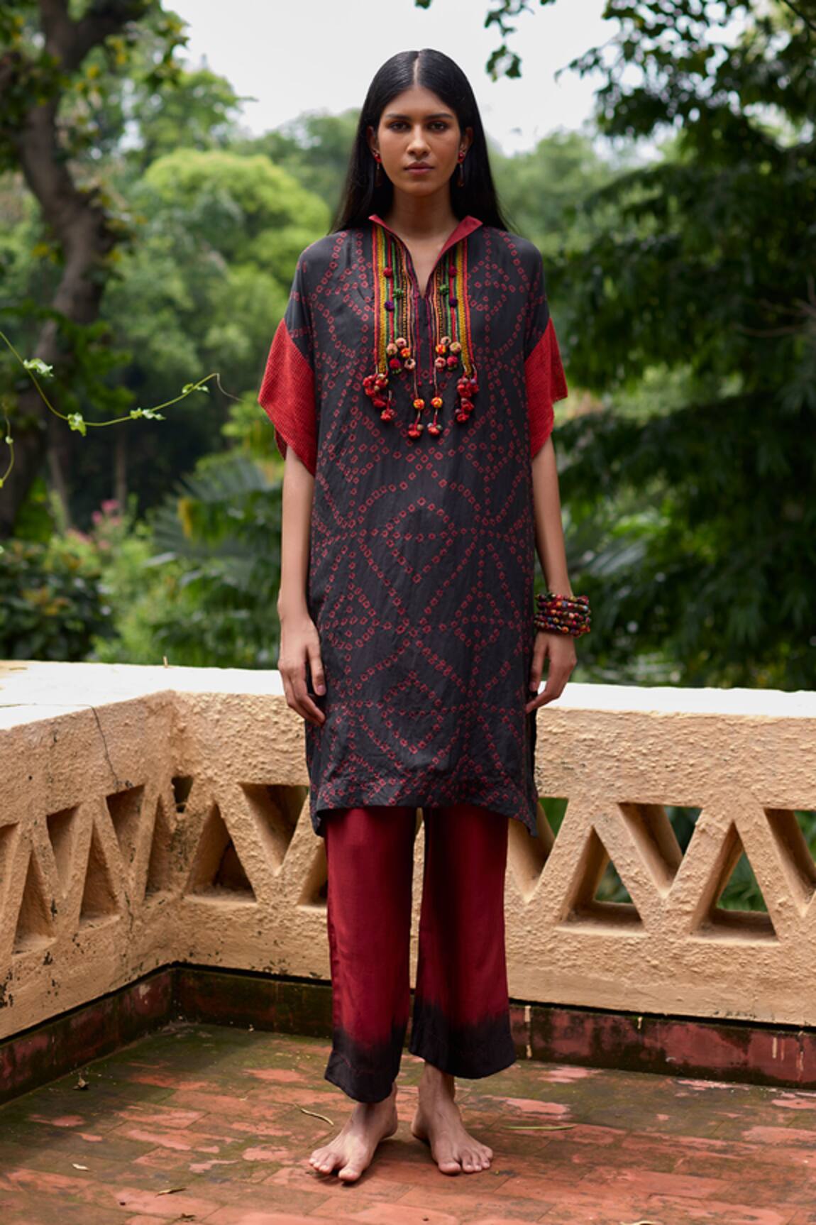 Medha Black & Red Handcrafted Tunic Pant Set 