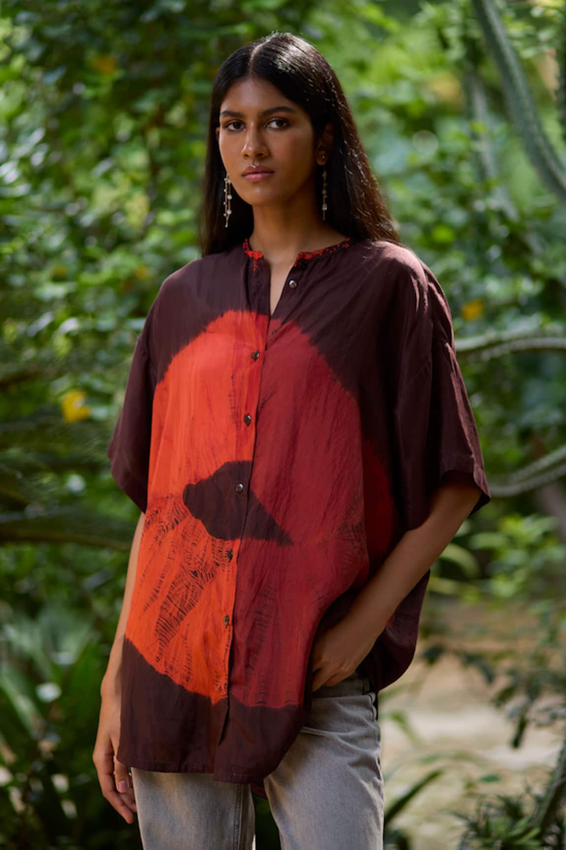 Medha Brown Abstract Print Silk Shirt 