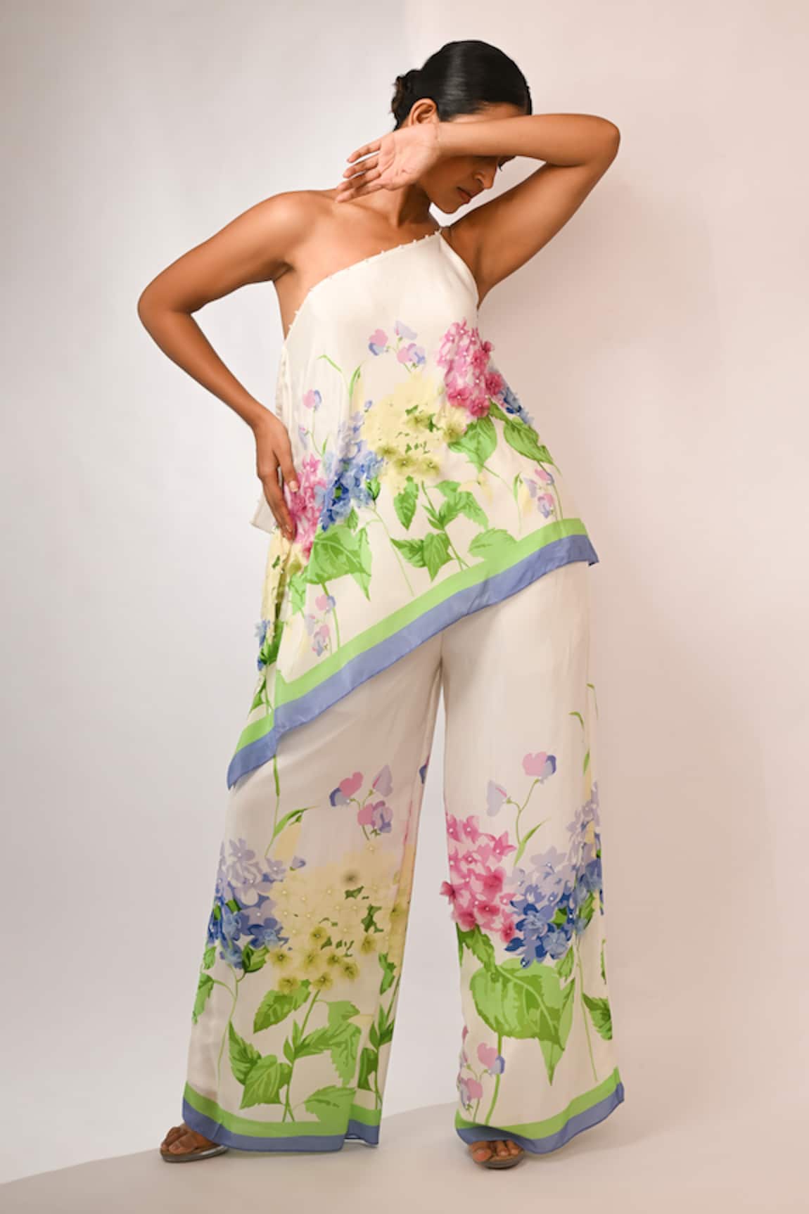 Rimi Nayak White Hydrangea Printed Trousers 