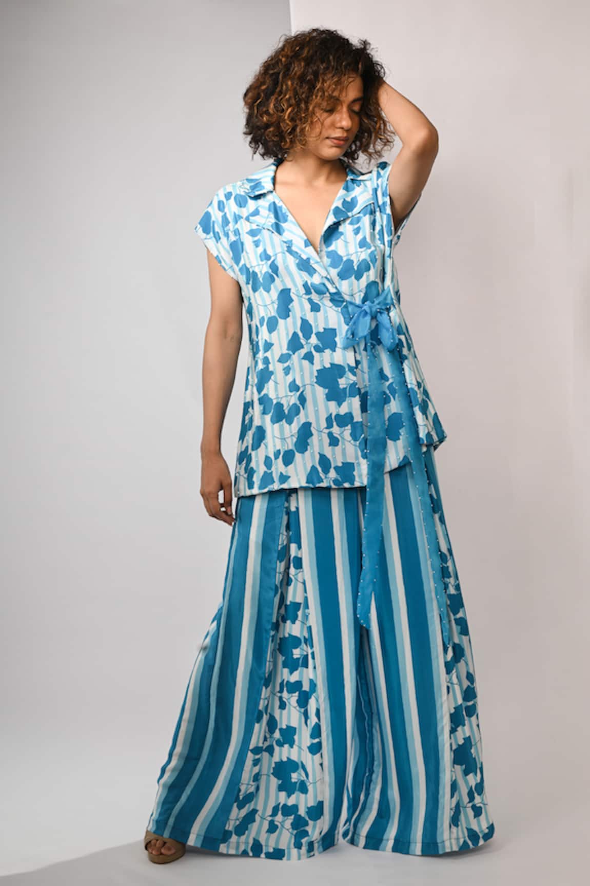Rimi Nayak Blue Bougainvillea Printed Blazer Trouser Set 