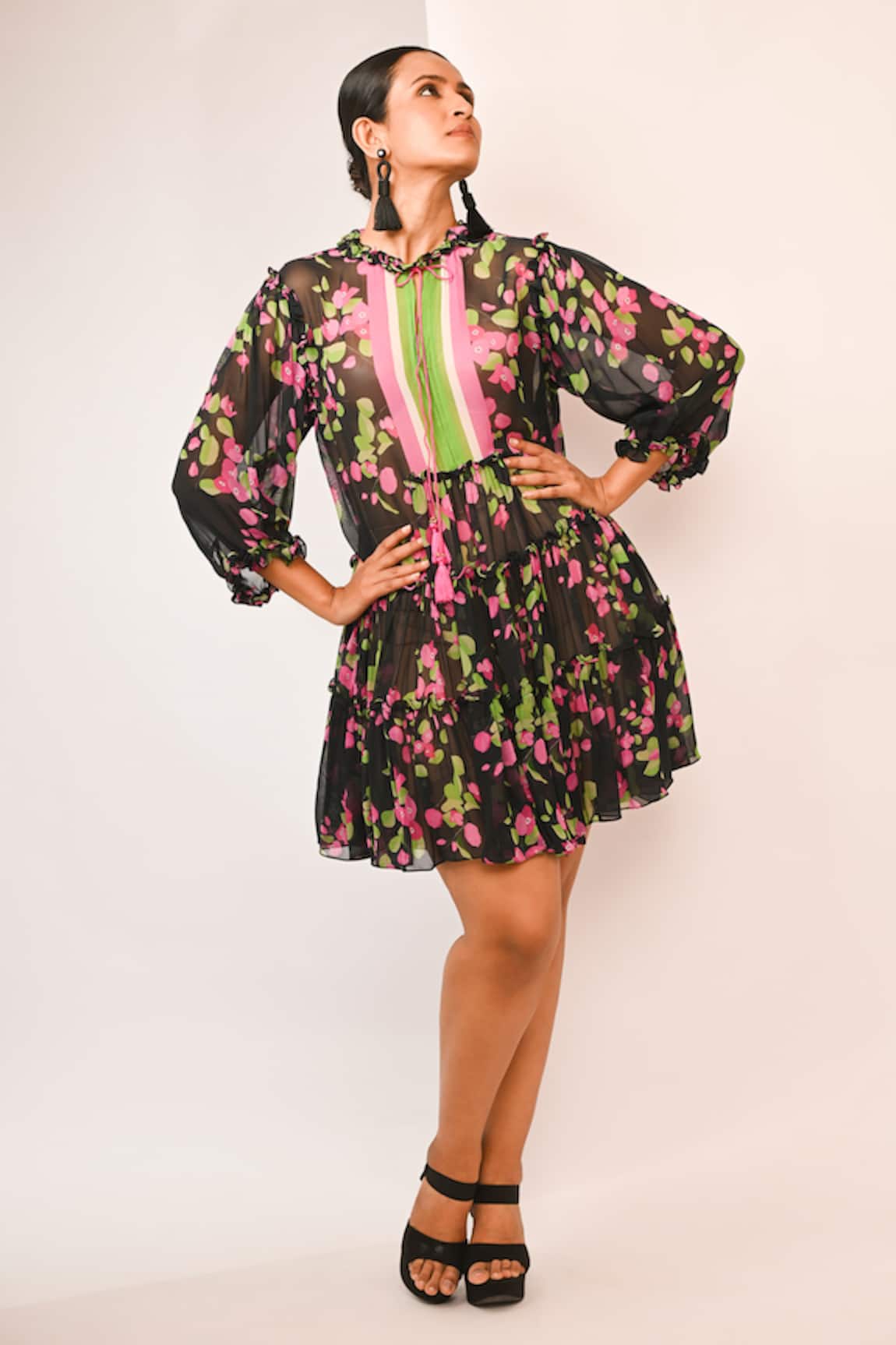 Rimi Nayak Bougainvillea Printed Tiered Dress 
