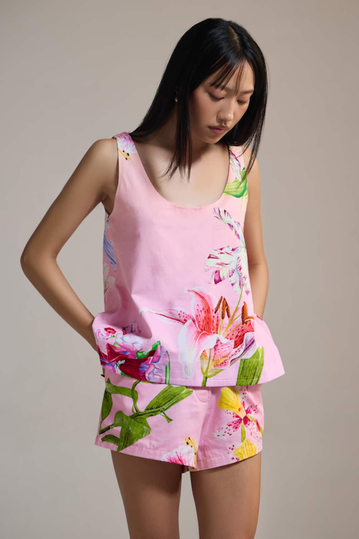 THE IASO Floral Print Pink Tank Top 