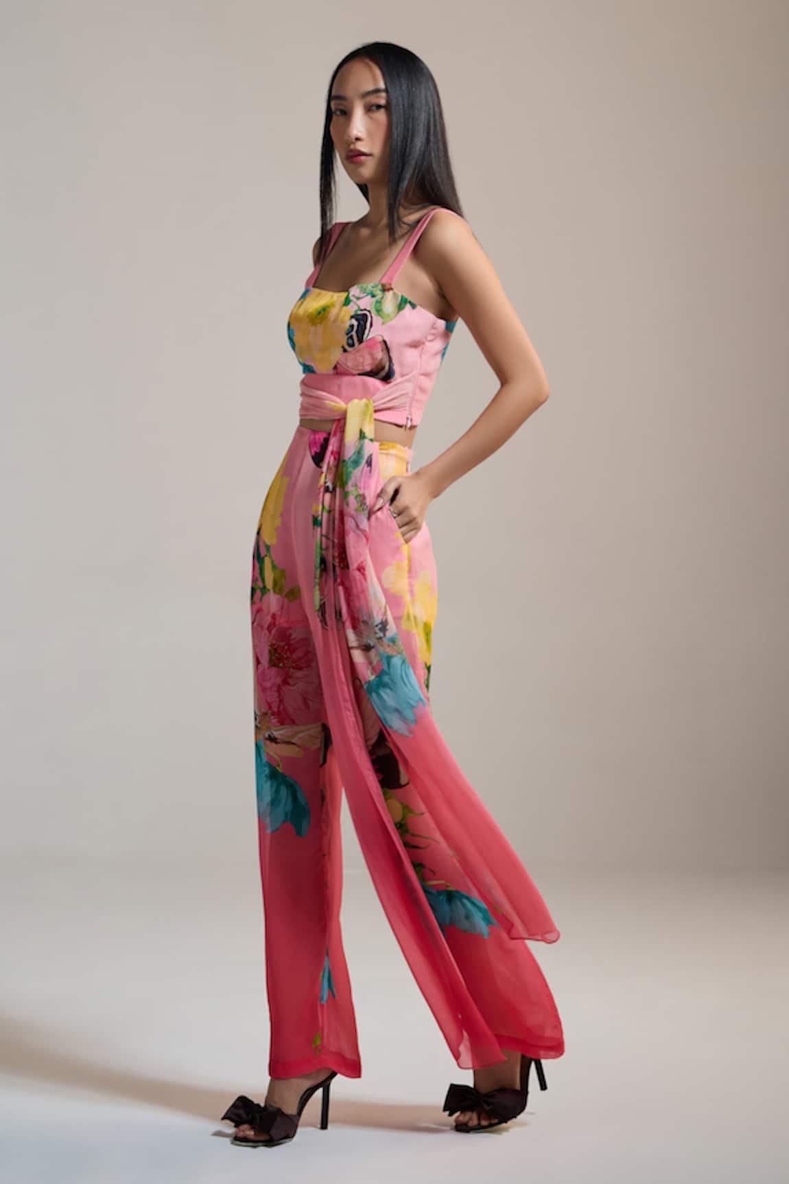 THE IASO Floral Print Crinkle Chiffon Pants 