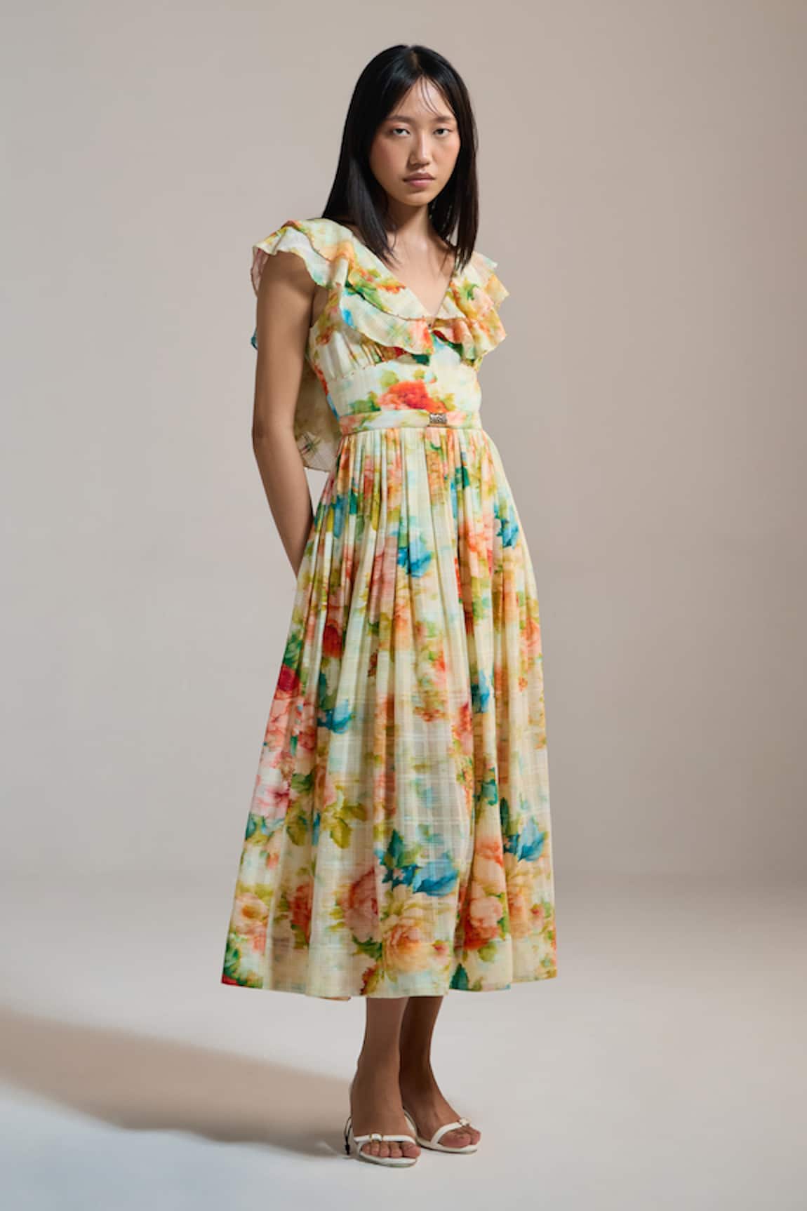 THE IASO Floral Ruffle-Sleeve Midi Dress 