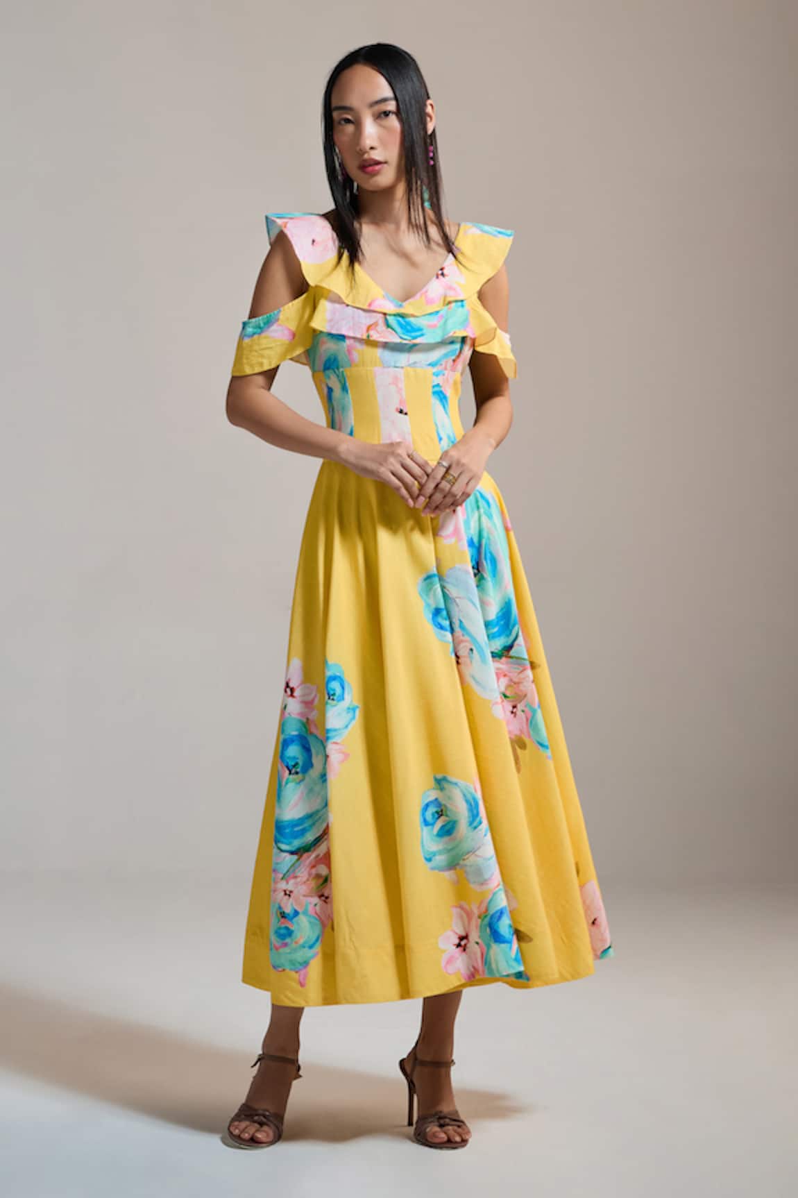 THE IASO Sunburst Floral Cold-Shoulder Dress 