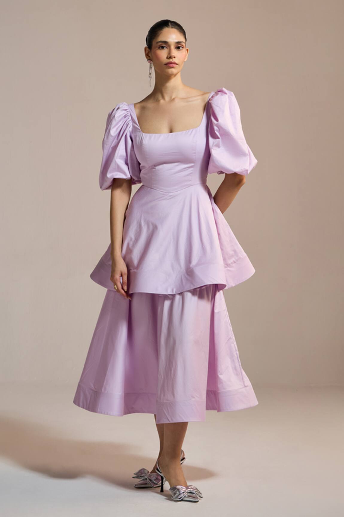 THE IASO Lilac Peplum Puff-Sleeve Dress 