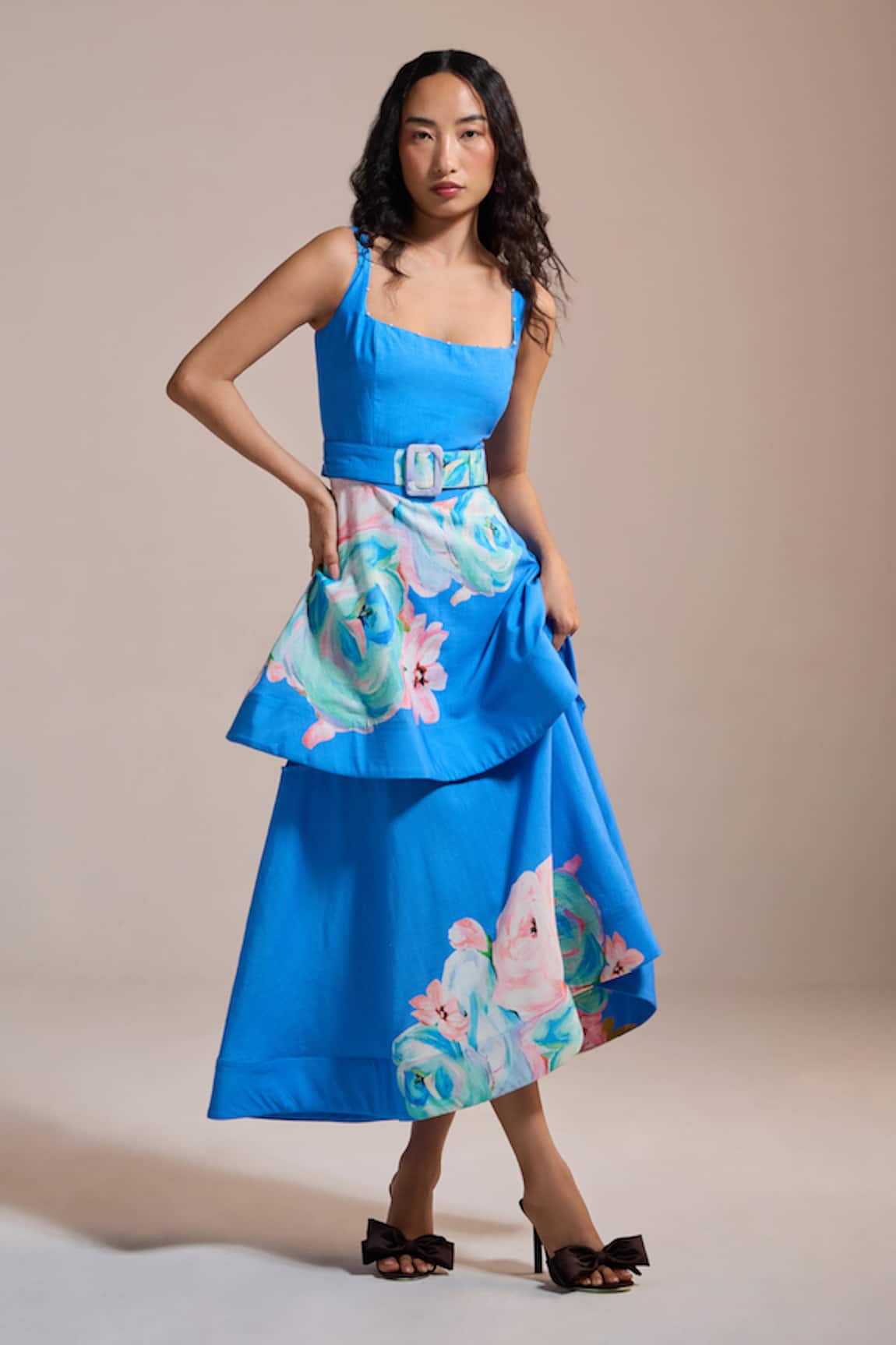 THE IASO Floral Belted Asymmetrical Dress 