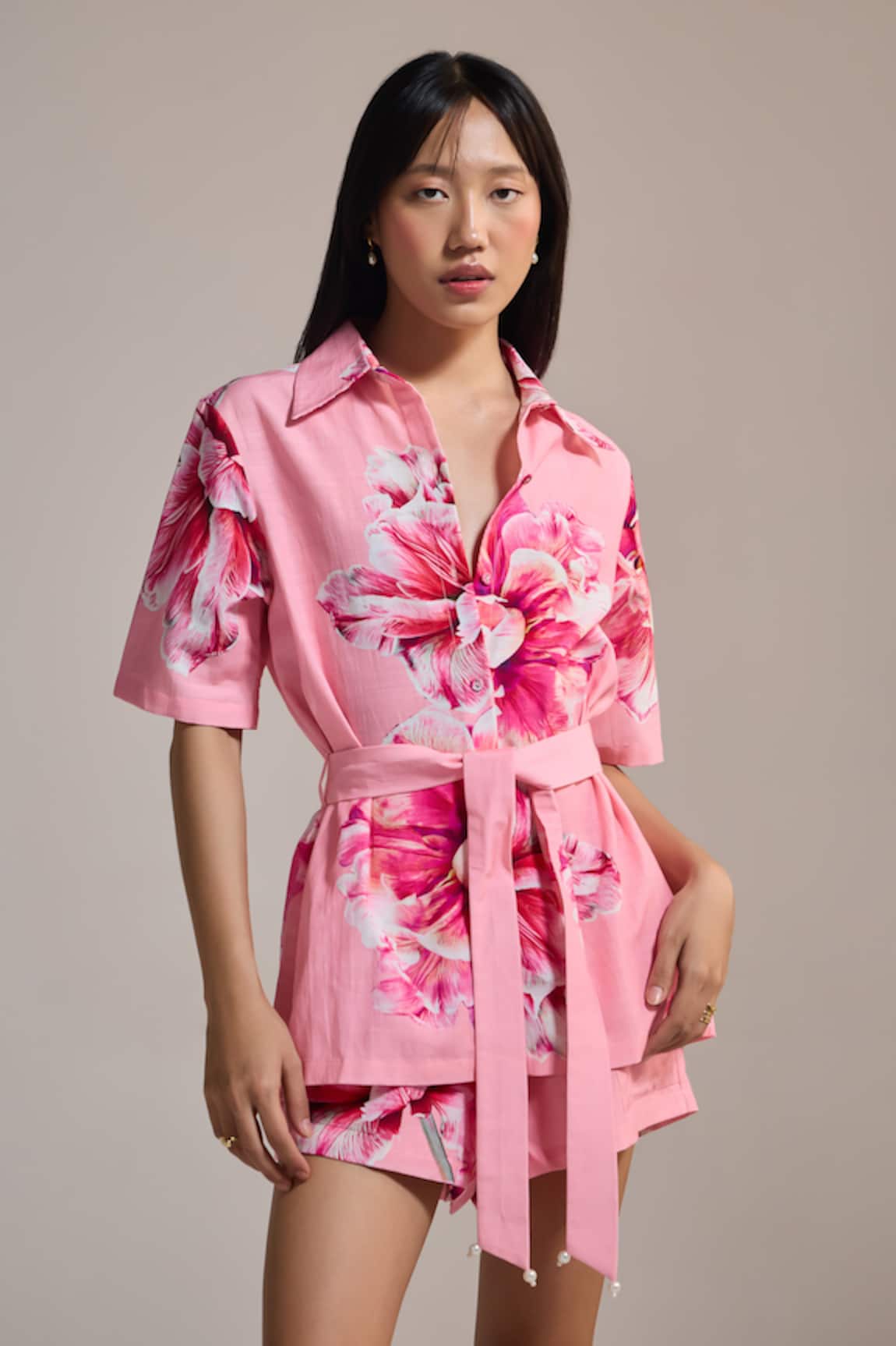 THE IASO Tropicana Bloom Printed Shirt With Belt 